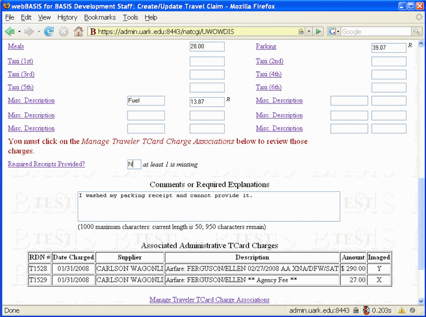 Travel Claim entry page with error regarding managing Traveler TCard associations