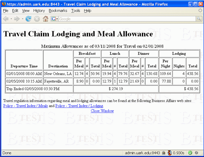 Window showing the maximum allowable lodging and meal expense.