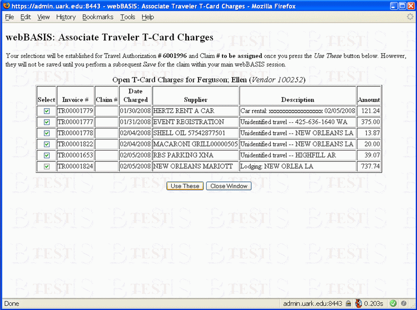 Travel Claim window for selecting associated Traveler TCard Charges